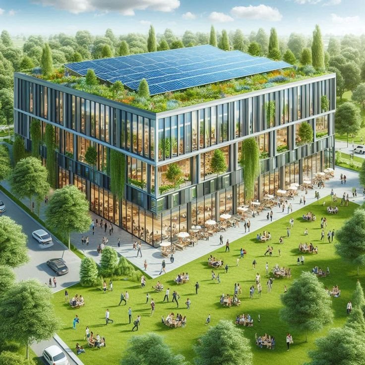 Galvanize Raises $370 Million for Real Estate Decarbonization Fund Eco-friendly commercial building with solar panels representing sustainable real estate investment and decarbonization.